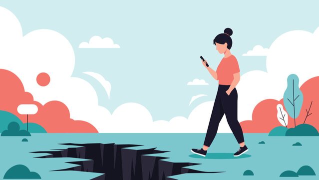 Woman walking outdoors while distracted by her smartphone and unaware of a large dangerous crack on path in front of her.