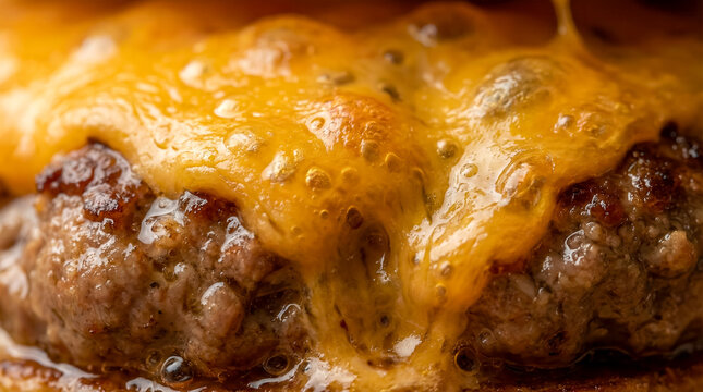 Cheese melts over a grilled hamburger patty showcasing rich colors and textures. Close-up view highlights juicy meat and gooey cheese. Concept of fast food, restaurants, culinary arts