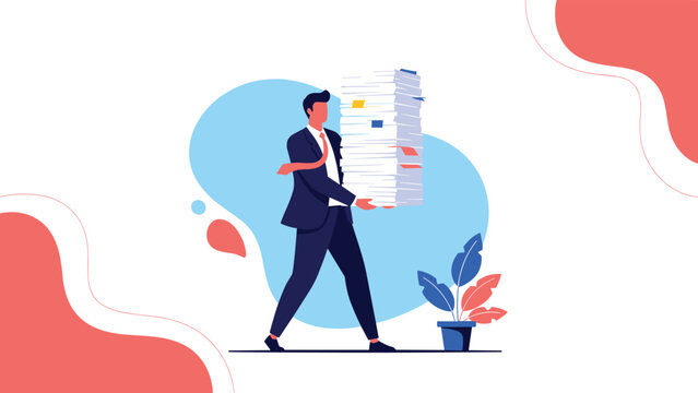 Businessman in a suit carrying a heavy and tall stack of paperwork while walking in an office setting with abstract background.