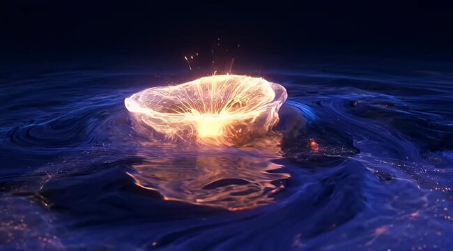 Glowing jellyfishlike entity emerging from swirling blue waters in the darkness