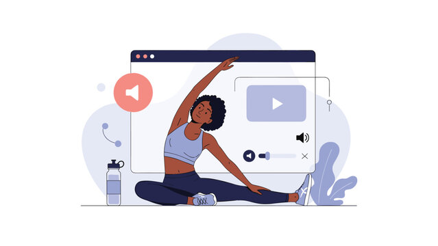 Woman performing yoga and stretching exercises in front of a computer browser window representing online fitness classes.