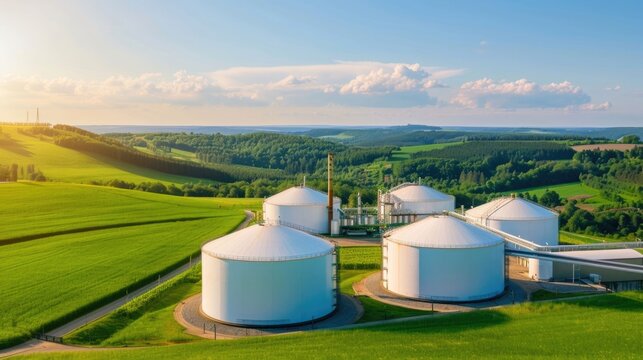 A picturesque rural landscape at dusk showcasing expansive green fields and gentle hills with multiple large white industrial storage tanks positioned amidst the natural beauty