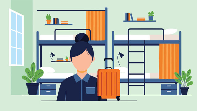 Young woman standing with an orange suitcase in a hostel dorm room featuring several blue bunk beds and modern furniture.