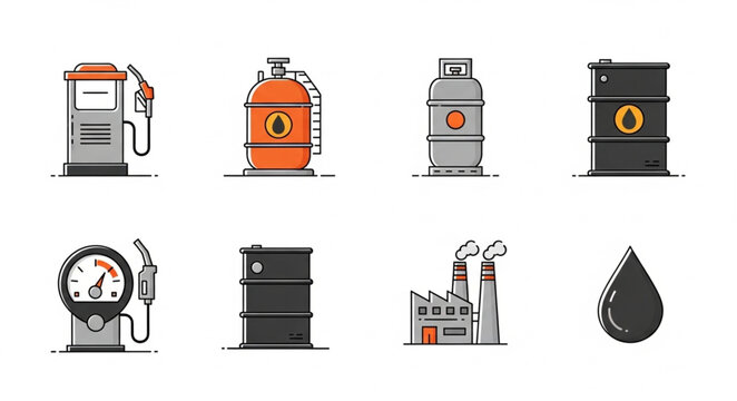 Oil and Gas Industry Icons - Fuel Pump, Tanks, Barrels, Factory, and Oil Drop.