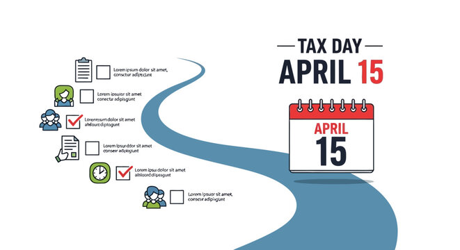 Stylized vector illustration emphasizing tax preparation with a winding blue path leading to a calendar marked April 15, conveying the income tax day with checklist icons against a clean