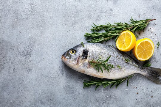 Fresh Whole Fish with Lemon Slices and Rosemary Sprigs on Textured Gray Surface