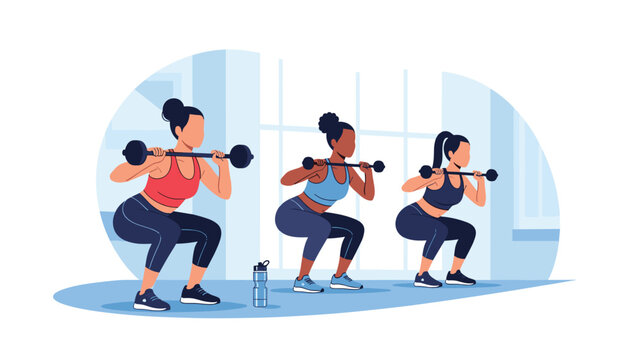 Group of women doing weighted squats together in a gym class setting for fitness, health, and muscle strengthening.