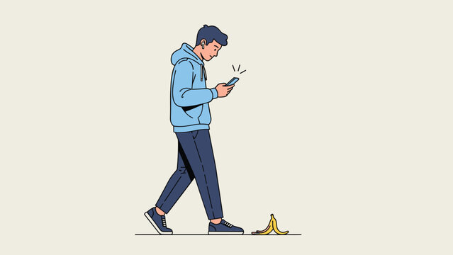 Careless man walking while looking at his smartphone and about to trip on a banana peel on the floor in a humorous scene.