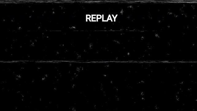 Vintage VHS Glitch Noise Artifacts Overlay Effect with Replay VCR Icon 4K video animation seamless loop on black background, overlay footage. 4K Video
