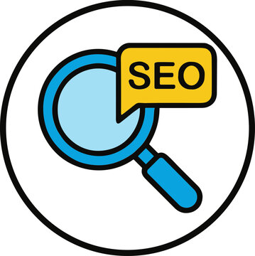 A magnifying glass with a speech bubble containing SEO text