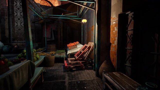 dim market alley lit by lamp, empty stall with stacked crates of fruit and wooden pallets, narrow cobblestone passage, peeling paint and rusted metal, warm