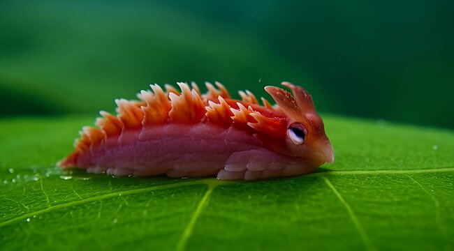 Vibrant sea slug also known as Costasiella kuroshimae on bright green leaf