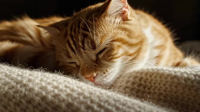 Orange Cat Sleeping Peacefully on a Cozy Blanket.