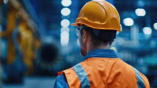 A focused worker wearing protective gear including an orange hard hat and reflective vest surveys the ope nal environment of a manufacturing plant or factory