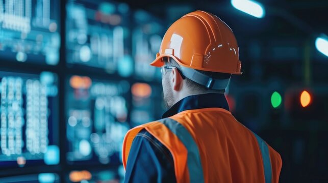 A diligent engineer wearing a hard hat and high vis vest intently studies vast amounts of data presented on numerous glowing digital displays within a modern industrial control center