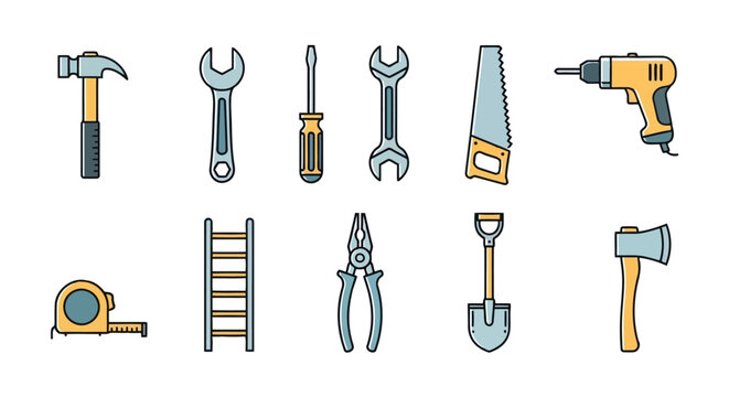 Collection of construction and hand tool icons featuring hammer wrench drill saw shovel and pliers construction screwdriver maintenance equipment professional workshop carpentry building