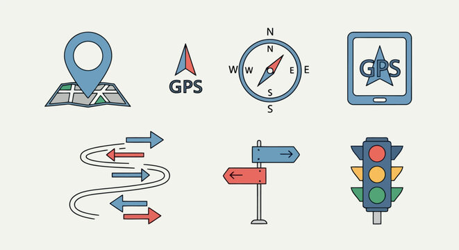 Navigation and gps location icon set with map pointer compass traffic light and directional road signs navigation location direction signpost destination tracking orientation geography
