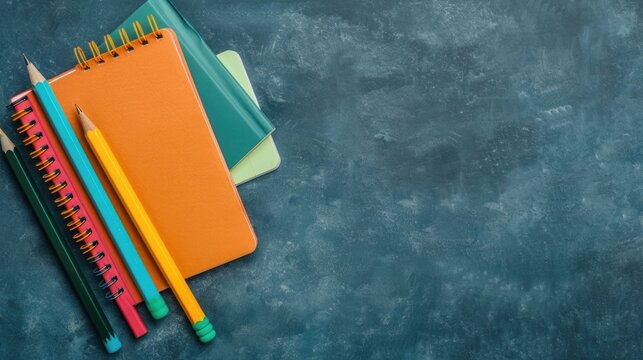 Overhead view of vibrant orange pink and teal spiral bound notebooks alongside green and yellow pencils presented on a dark textured background suggesting organization education and ic endeavors