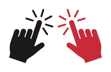 Fototapeta premium Minimalist hand cursor icons in black and red, clicking finger pointer vector, interactive touch screen gesture symbols for web design