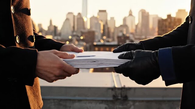 Man hands stack of envelopes to person in city. Hands exchange business envelopes at sunset. Person in gloves takes white envelope stack. Business deal with envelopes on urban rooftop at dusk.