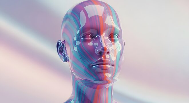 Human artificial intelligence and digital identity. Cybernetic mind and machine learning concept. 3D rendered head with colorful iridescent liquid textures on a soft background