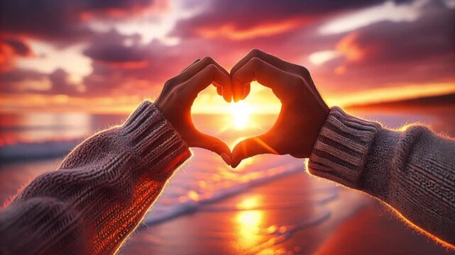 Close up video of two hands forming heart shape at sunset showing romantic connection warmth and emotional moment between couple