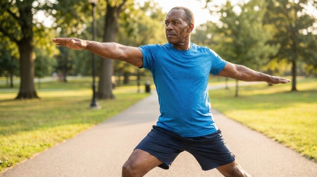 Senior man practicing yoga in a vibrant park setting, wearing a blue shirt and black shorts, with sunlight filtering through lush green trees