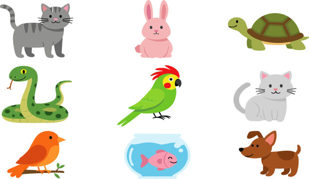 Cartoon Pet Animals Vector Set Featuring Cat, Rabbit, Snake, Parrot, Dog, Fish, and Tortoise for Children&rsquo;s Illustrations, Icons, and Educational Designs