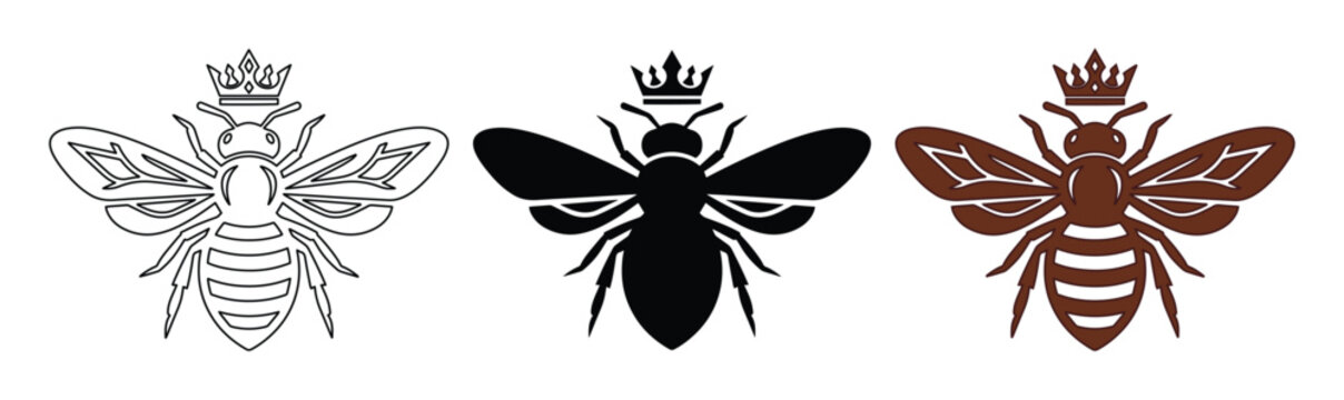 Vintage honey bee queen icons with royal crowns, set of 3 vector bumblebee silhouettes, elegant black and brown insect logo elements for branding