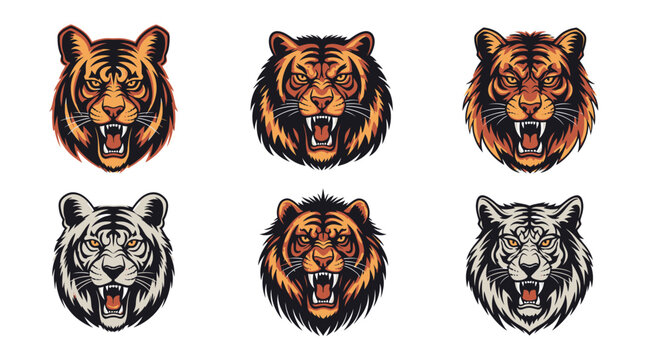 Collection of tiger and lion faces.