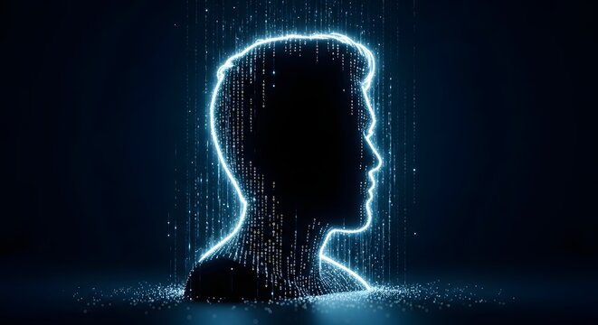Profile silhouette of a man created from digital data rain. Artificial intelligence and virtual identity. Glowing blue outline of a human head with falling binary bits in background