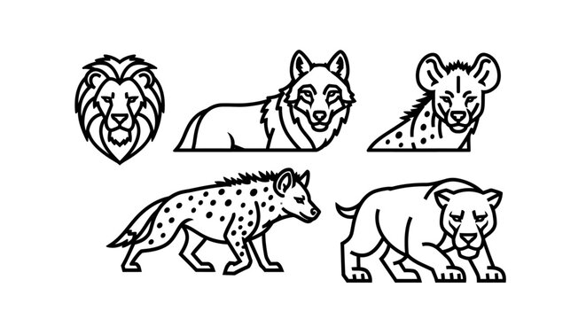 Spotted hyena and lion illustrations.