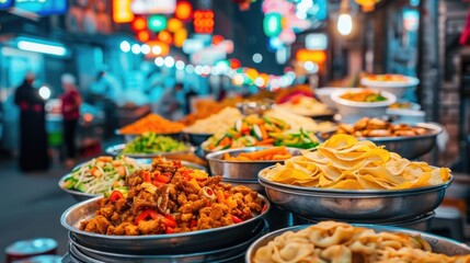 Fototapeta premium Experience the authentic atmosphere of a bustling Asian night market filled with tempting food stalls illuminated by glowing neon signs creating dynamic city life