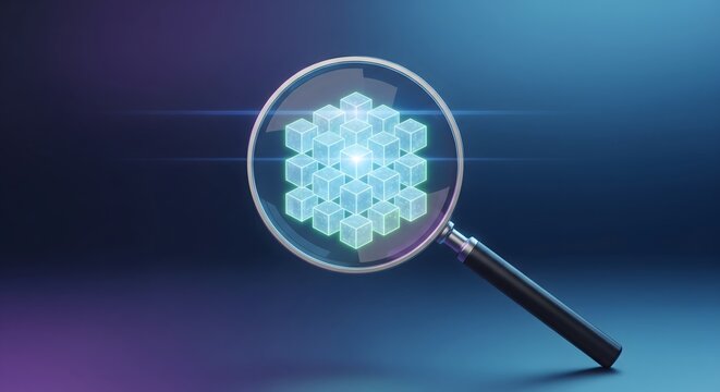 Magnifying glass examining a glowing cube structure.