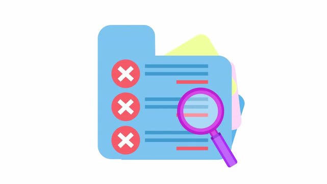 File folder audit icon with multiple red error cross marks in an alpha channel. Flat design data verification failure with a magnifying glass for an error document checklist graphic element concept.