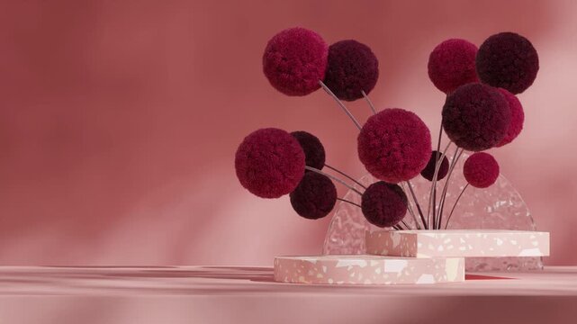dark purple red mimosa colored in 3d video render of empty space pink terrazzo podium looping seamless shadow animation