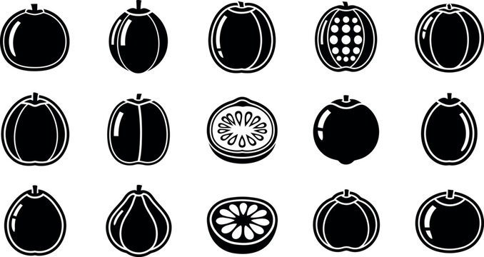 Black and white fruit with various shapes and cutaways silhouettes