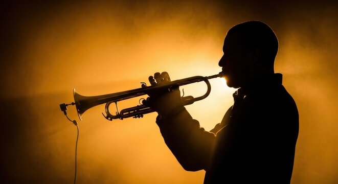 Man trumpet player performing on stage. Silhouette of musician playing golden brass instrument in spotlight. Jazz concert mood, artistic live music entertainment and club performance.