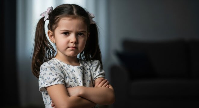 Angry little girl looking at camera with arms crossed. Portrait of a serious child feeling upset or stubborn. Childhood emotion, expression of defiance and moody behavior in home interior.