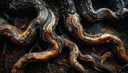 Fototapeta premium Close-up of textured, gnarled roots with shades of grey and amber, creating abstract patterns on a dark background