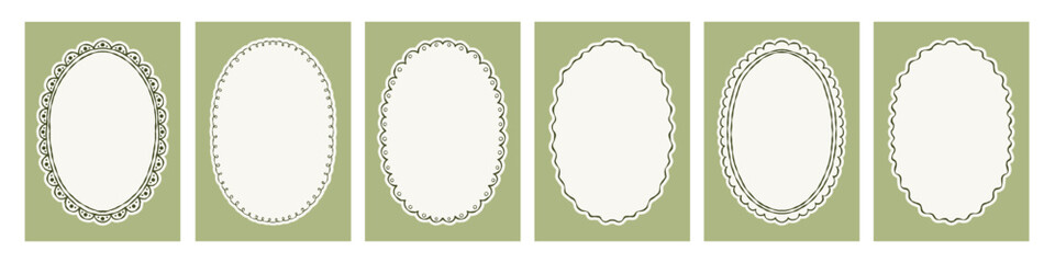 Vintage whimsical hand drawn posters with ink oval frames on green background. Vector illustration set. © Катерина Тышковская