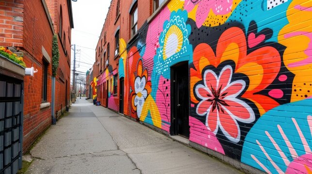 A lively laneway showcases a stunning street art mural featuring bold abstract flowers and geometric patterns in a riot of bright colors against brick buildings