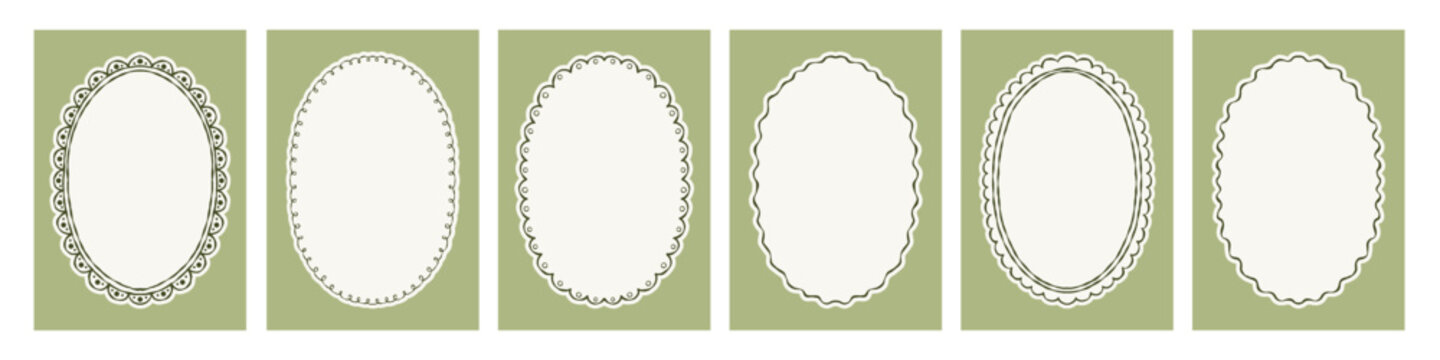 Vintage whimsical hand drawn posters with ink oval frames on green background. Vector illustration set.