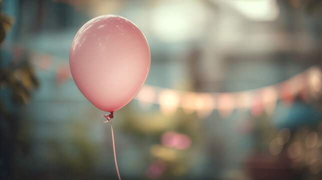 Pink Balloon Floating With Ribbon, Copy Space For Text And Soft Party Bokeh Background