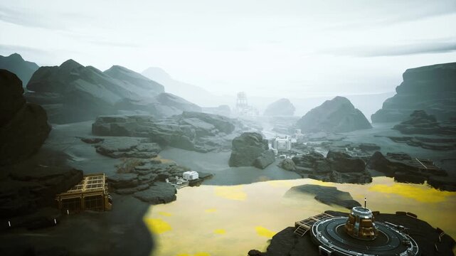 futuristic alien canyon with sulfur lagoon, mist drifting over rocky plateaus and yellow water, distant outpost and circular platform hugging shore, steam vents