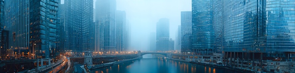 Fototapeta premium Cityscape in the Mist: A stunning view of a modern metropolis shrouded in a misty haze, with towering skyscrapers and reflective water, creating an ethereal and captivating urban scene.