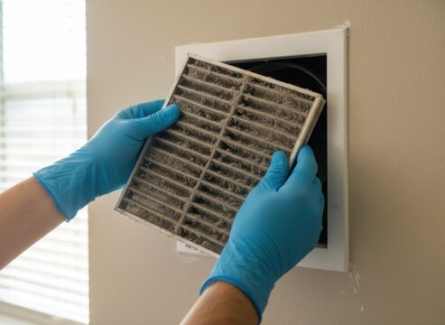 A person in blue gloves carefully removes a severely dust-clogged air filter from a wall vent.