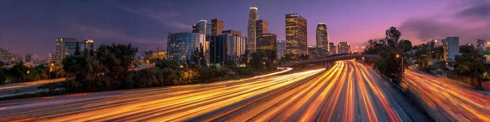 Obraz premium Cityscape at Dusk: A dynamic urban scene, capturing the bustling energy of a city as daylight fades, featuring towering skyscrapers and streaks of light from passing vehicles.