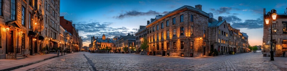Fototapeta premium City Streetscape at Dusk: A breathtaking panorama unfolds as twilight casts a magical spell over a historic city street.