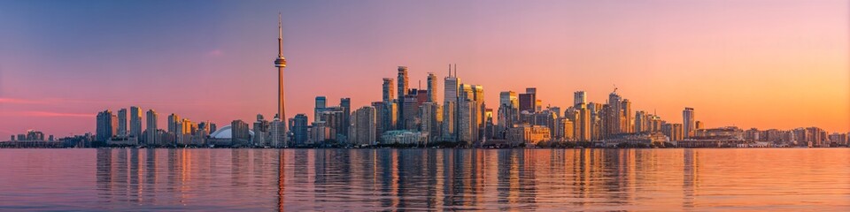 Fototapeta premium Skyline Serenity: The cityscape mirrors the sunset, casting a tranquil reflection across calm water, bathed in hues of pink and orange. Capturing the urban charm and peacefulness.